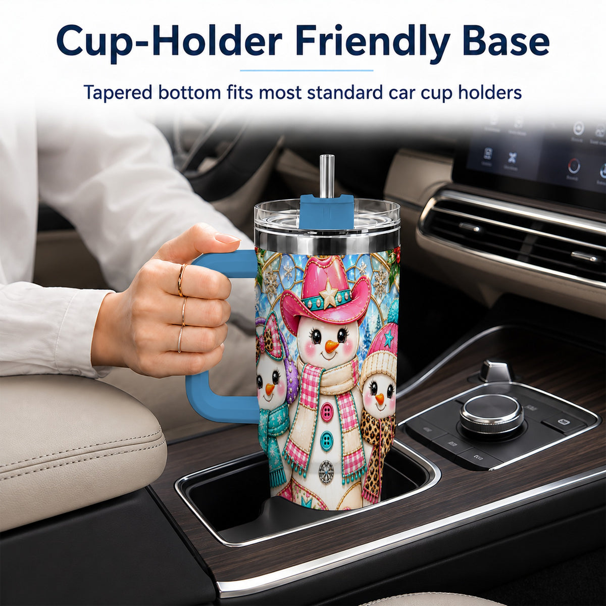 #pl[40oz|Blue] Western Snowmen 40oz Tumbler with Handle, Stained Glass Style Travel Cup