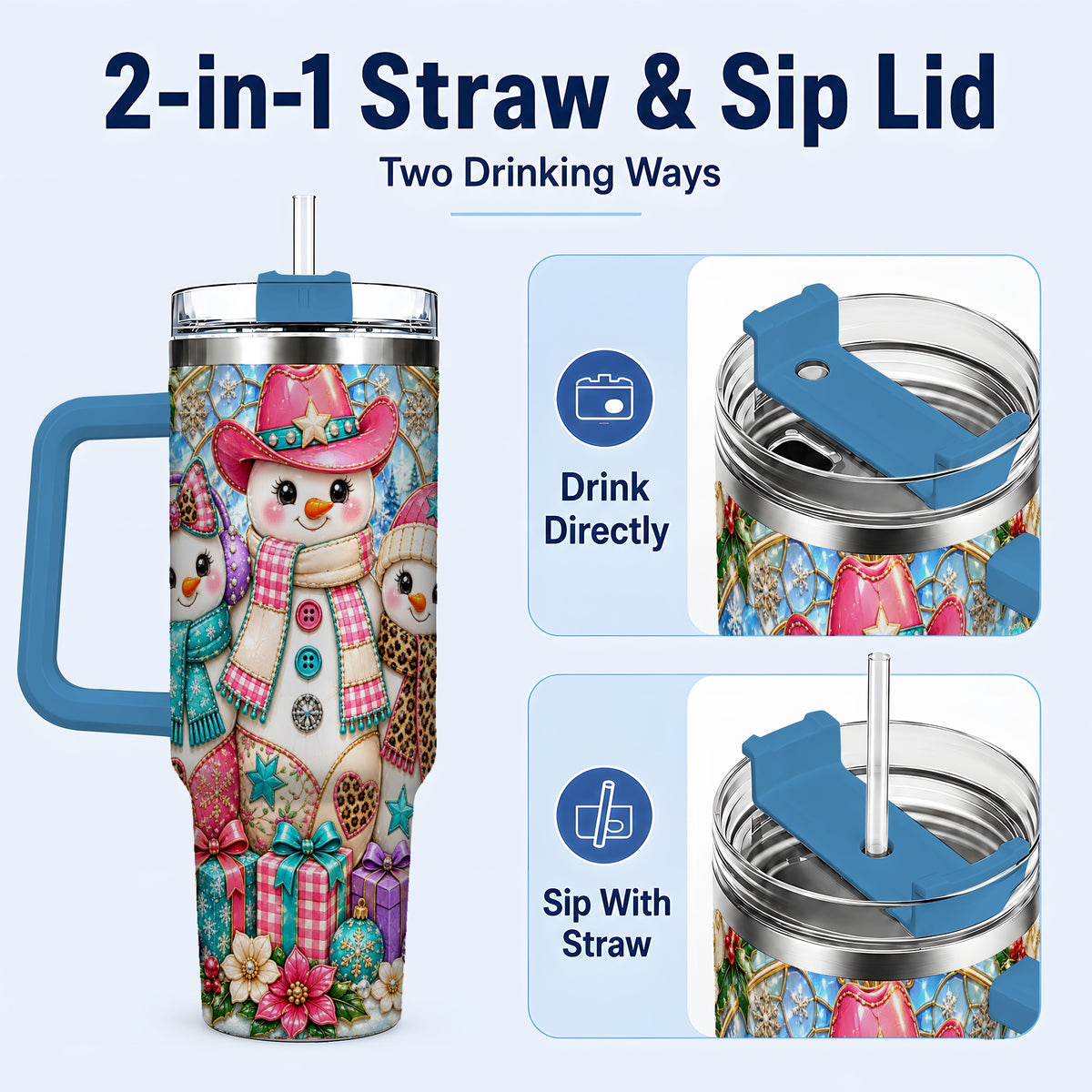 #pl[40oz|Blue] Western Snowmen 40oz Tumbler with Handle, Stained Glass Style Travel Cup