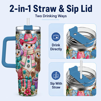 #pl[40oz|Blue] Western Snowmen 40oz Tumbler with Handle, Stained Glass Style Travel Cup