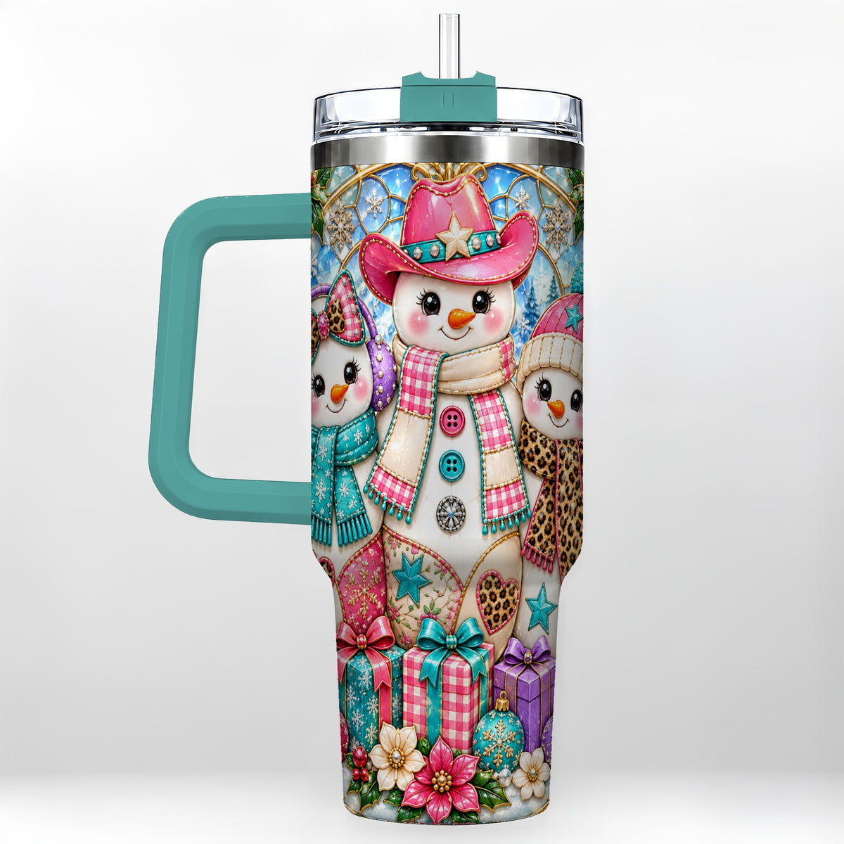 #pl[40oz|Green] Western Snowmen 40oz Tumbler with Handle, Stained Glass Style Travel Cup