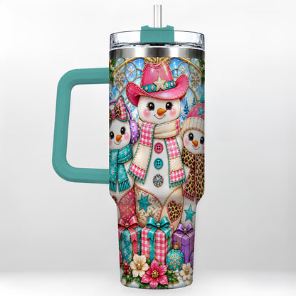 #pl[40oz|Green] Western Snowmen 40oz Tumbler with Handle, Stained Glass Style Travel Cup