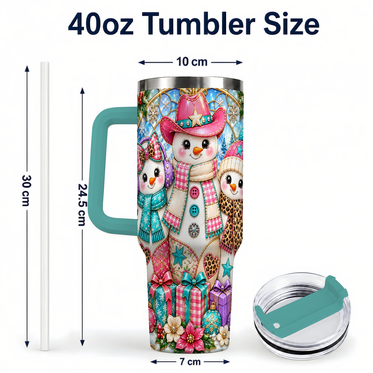 #pl[40oz|Green] Western Snowmen 40oz Tumbler with Handle, Stained Glass Style Travel Cup