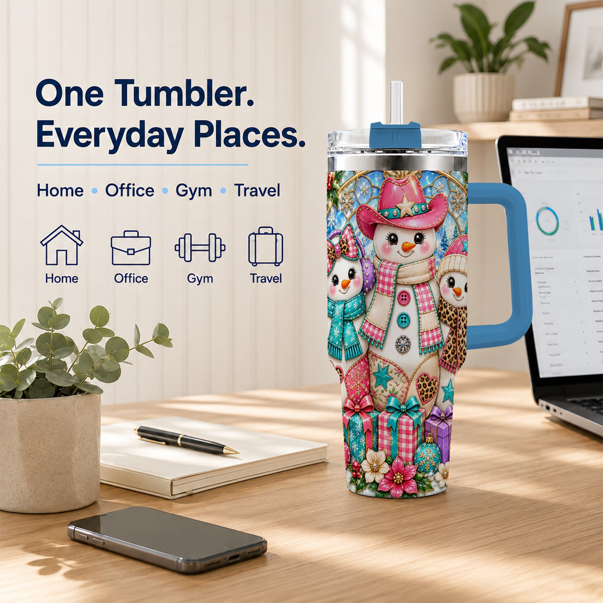 #pl[40oz|Blue] Western Snowmen 40oz Tumbler with Handle, Stained Glass Style Travel Cup