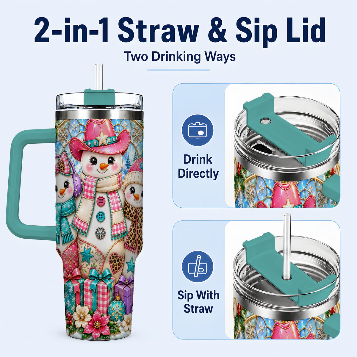 #pl[40oz|Green] Western Snowmen 40oz Tumbler with Handle, Stained Glass Style Travel Cup