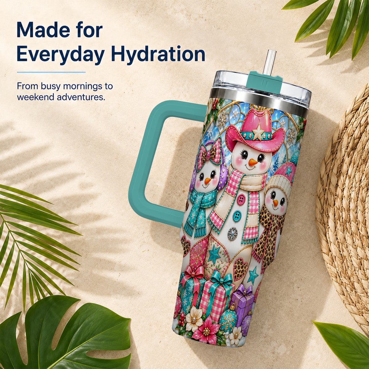 #pl[40oz|Green] Western Snowmen 40oz Tumbler with Handle, Stained Glass Style Travel Cup