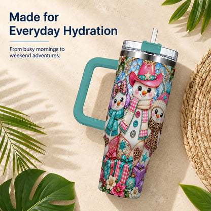 #pl[40oz|Green] Western Snowmen 40oz Tumbler with Handle, Stained Glass Style Travel Cup