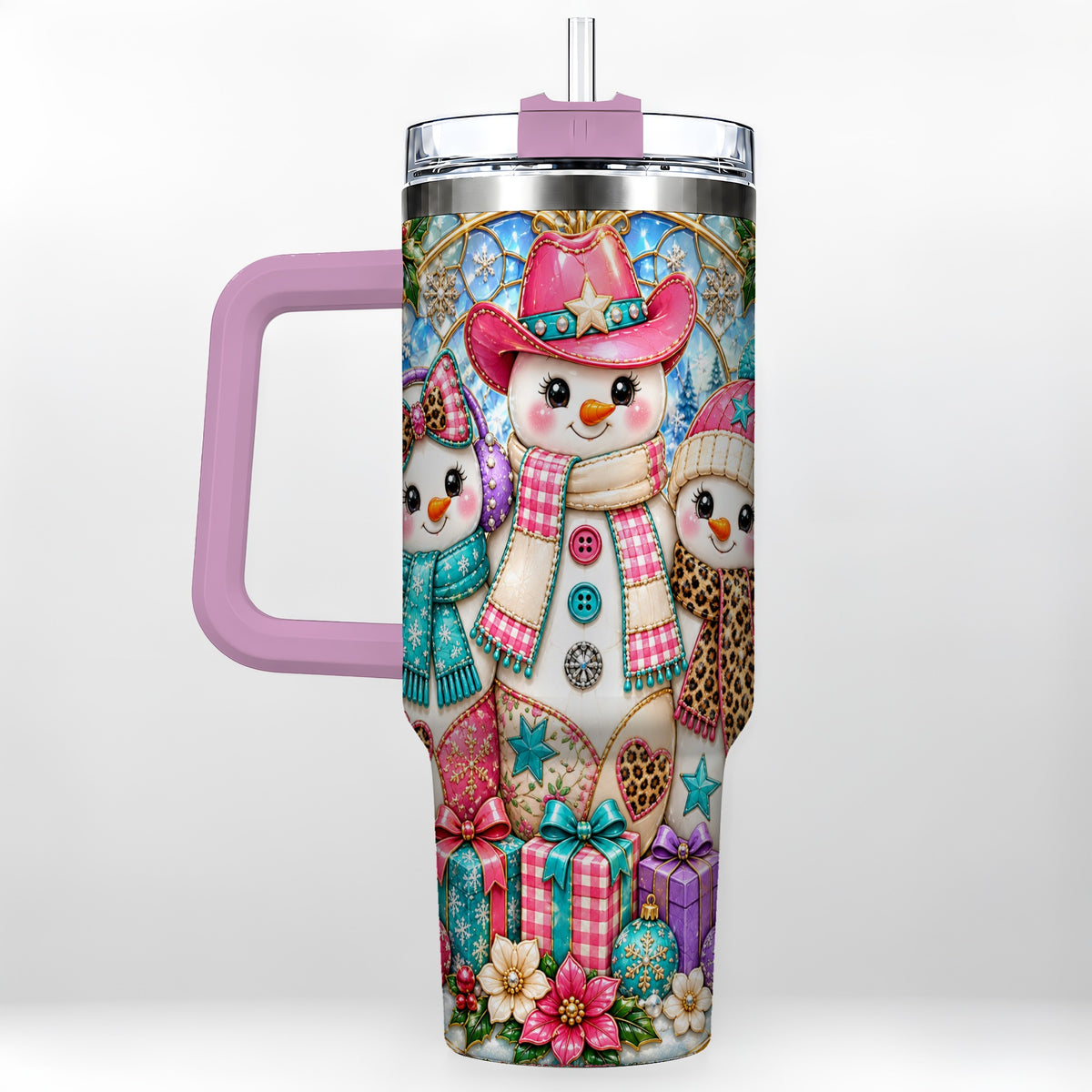 #pl[40oz|Pink] Western Snowmen 40oz Tumbler with Handle, Stained Glass Style Travel Cup