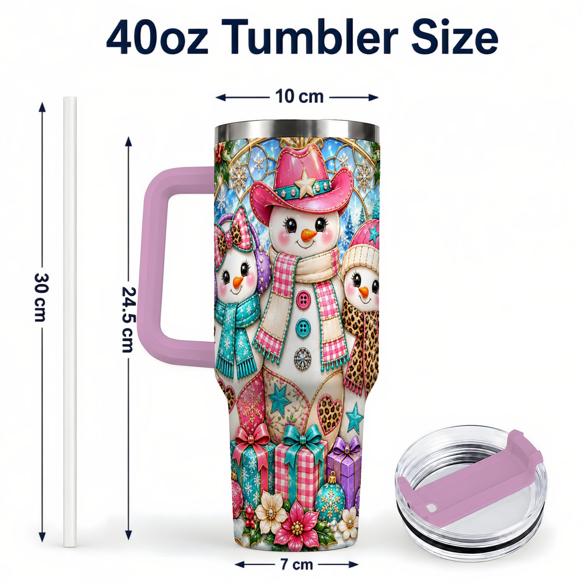 #pl[40oz|Pink] Western Snowmen 40oz Tumbler with Handle, Stained Glass Style Travel Cup