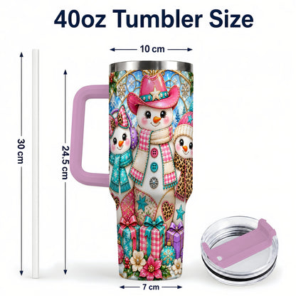 #pl[40oz|Pink] Western Snowmen 40oz Tumbler with Handle, Stained Glass Style Travel Cup