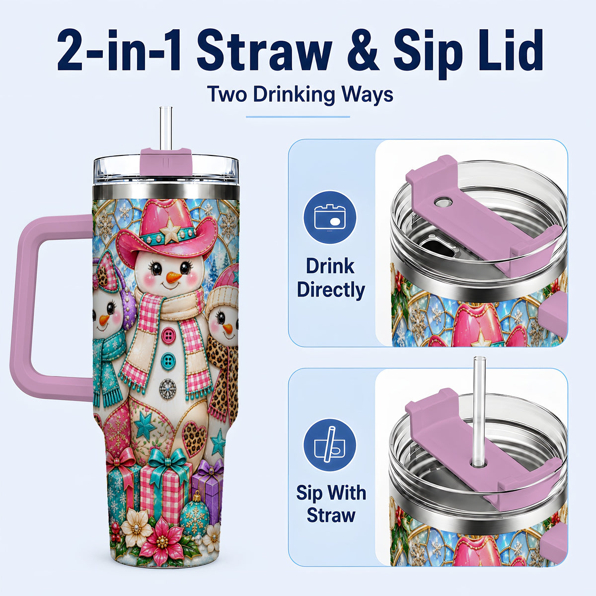 #pl[40oz|Pink] Western Snowmen 40oz Tumbler with Handle, Stained Glass Style Travel Cup