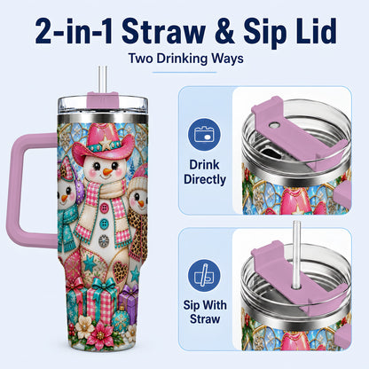 #pl[40oz|Pink] Western Snowmen 40oz Tumbler with Handle, Stained Glass Style Travel Cup