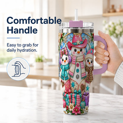 #pl[40oz|Pink] Western Snowmen 40oz Tumbler with Handle, Stained Glass Style Travel Cup