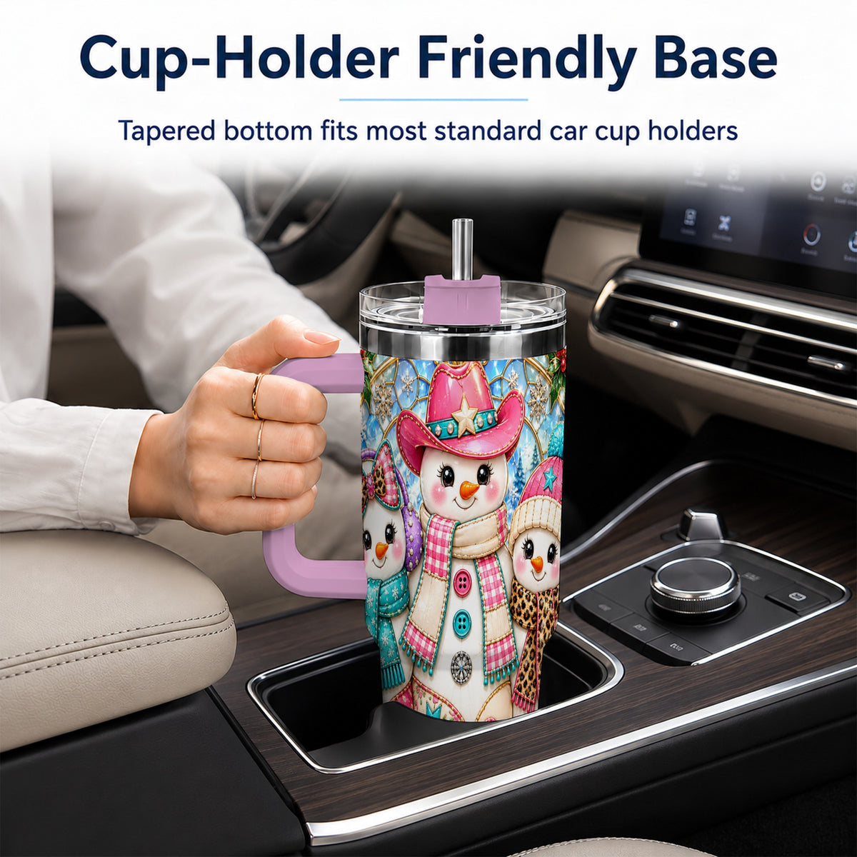 #pl[40oz|Pink] Western Snowmen 40oz Tumbler with Handle, Stained Glass Style Travel Cup