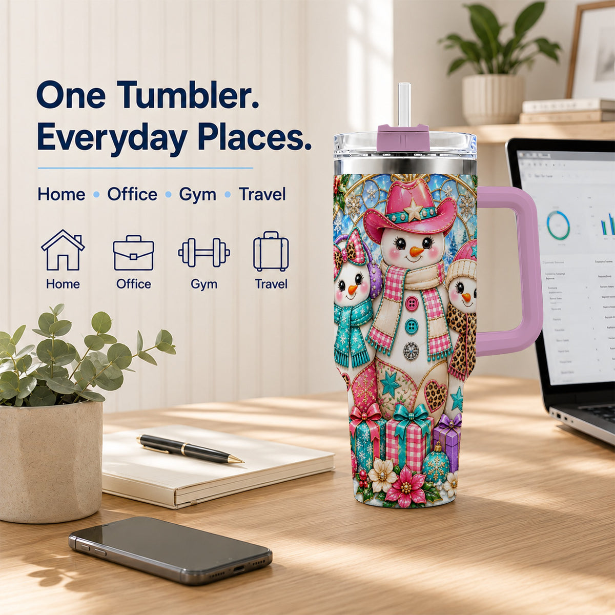 #pl[40oz|Pink] Western Snowmen 40oz Tumbler with Handle, Stained Glass Style Travel Cup