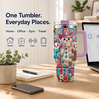#pl[40oz|Pink] Western Snowmen 40oz Tumbler with Handle, Stained Glass Style Travel Cup