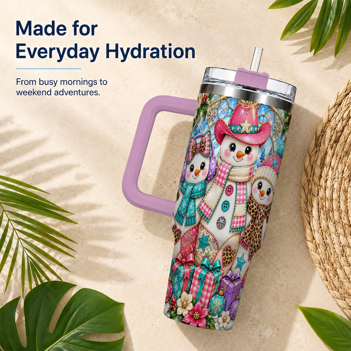 #pl[40oz|Pink] Western Snowmen 40oz Tumbler with Handle, Stained Glass Style Travel Cup