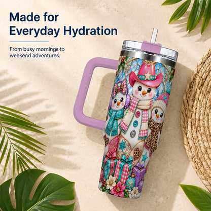 #pl[40oz|Pink] Western Snowmen 40oz Tumbler with Handle, Stained Glass Style Travel Cup