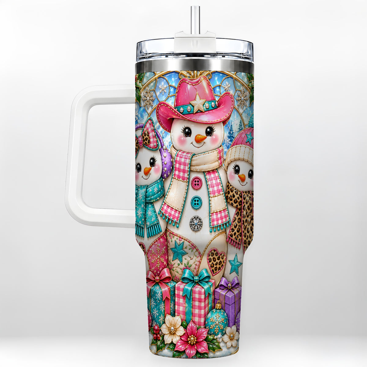 Western Snowmen 40oz Tumbler with Handle, Stained Glass Style Travel Cup