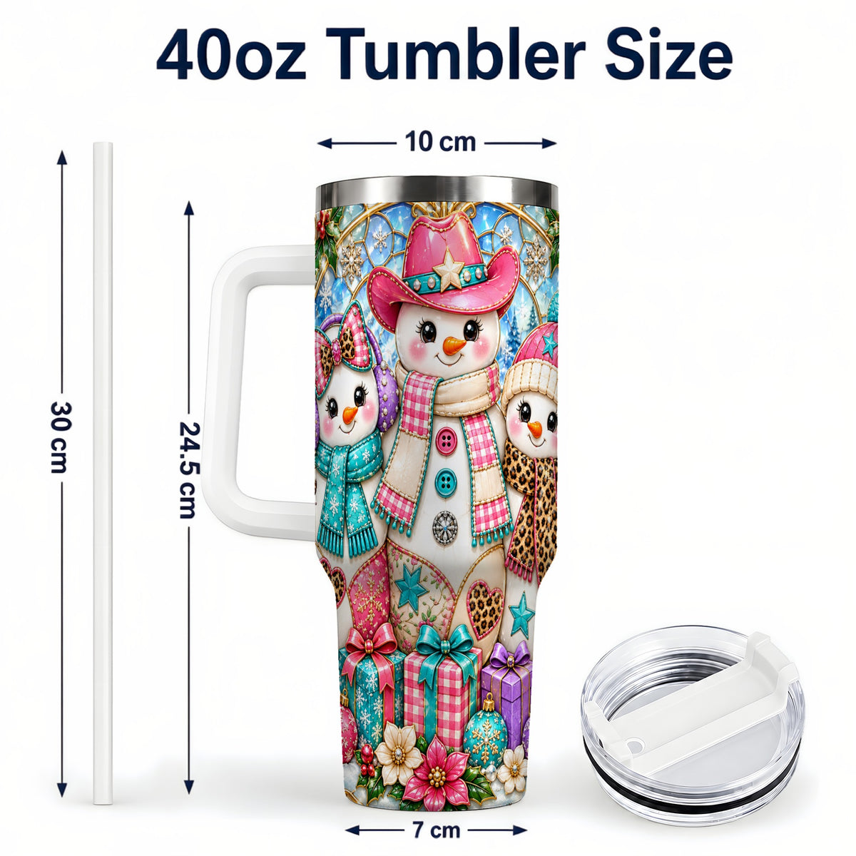#pl[40oz|White] Western Snowmen 40oz Tumbler with Handle, Stained Glass Style Travel Cup
