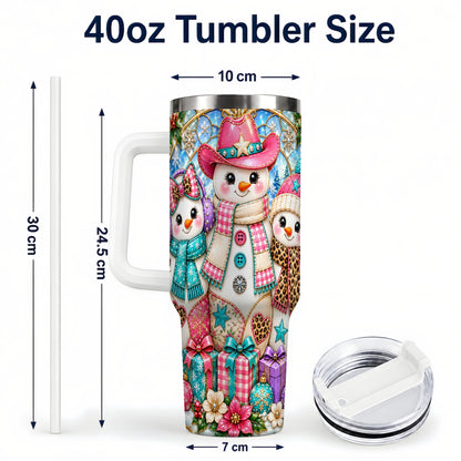 #pl[40oz|White] Western Snowmen 40oz Tumbler with Handle, Stained Glass Style Travel Cup
