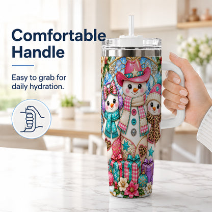 #pl[40oz|White] Western Snowmen 40oz Tumbler with Handle, Stained Glass Style Travel Cup