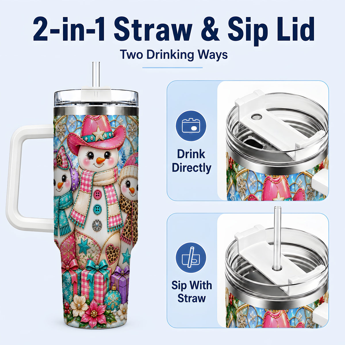 #pl[40oz|White] Western Snowmen 40oz Tumbler with Handle, Stained Glass Style Travel Cup