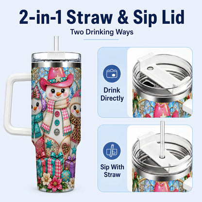 #pl[40oz|White] Western Snowmen 40oz Tumbler with Handle, Stained Glass Style Travel Cup