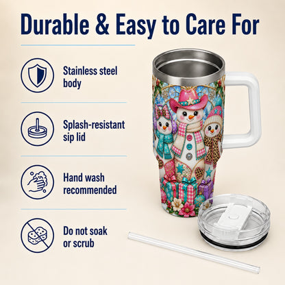 #pl[40oz|White] Western Snowmen 40oz Tumbler with Handle, Stained Glass Style Travel Cup