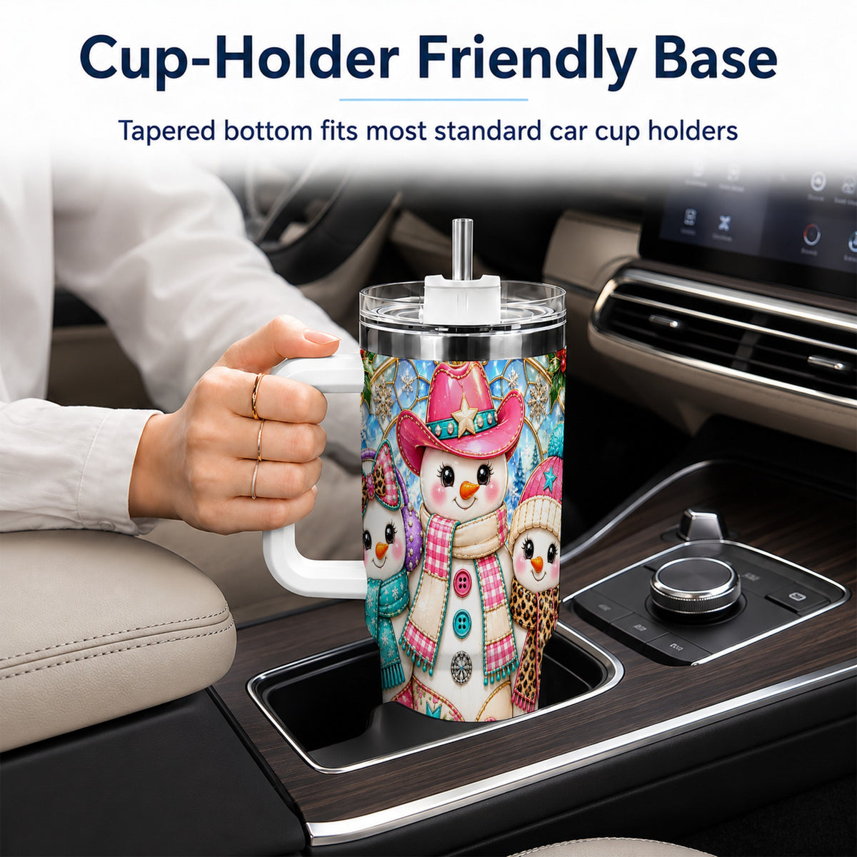 #pl[40oz|White] Western Snowmen 40oz Tumbler with Handle, Stained Glass Style Travel Cup