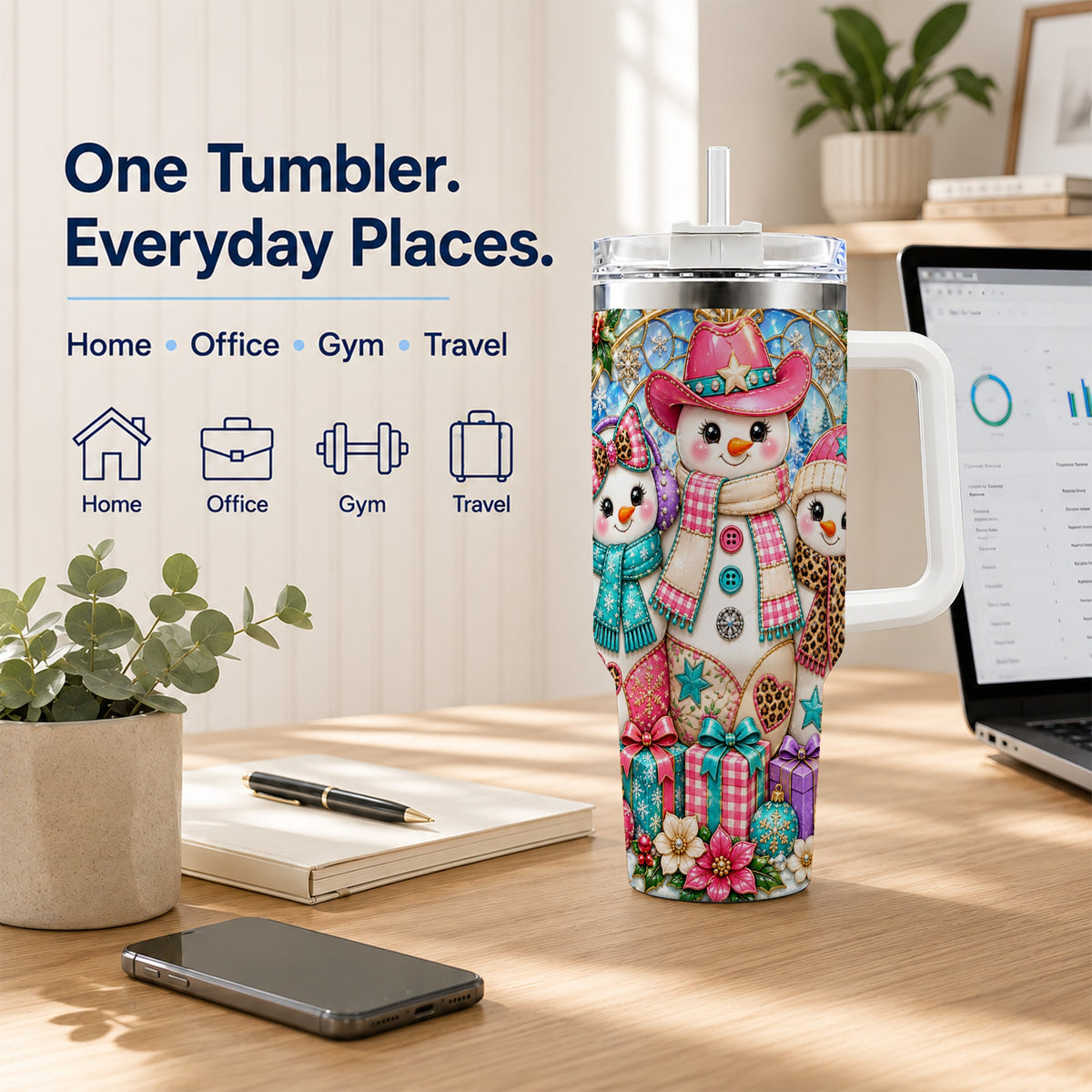 #pl[40oz|White] Western Snowmen 40oz Tumbler with Handle, Stained Glass Style Travel Cup