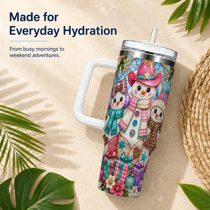 #pl[40oz|White] Western Snowmen 40oz Tumbler with Handle, Stained Glass Style Travel Cup