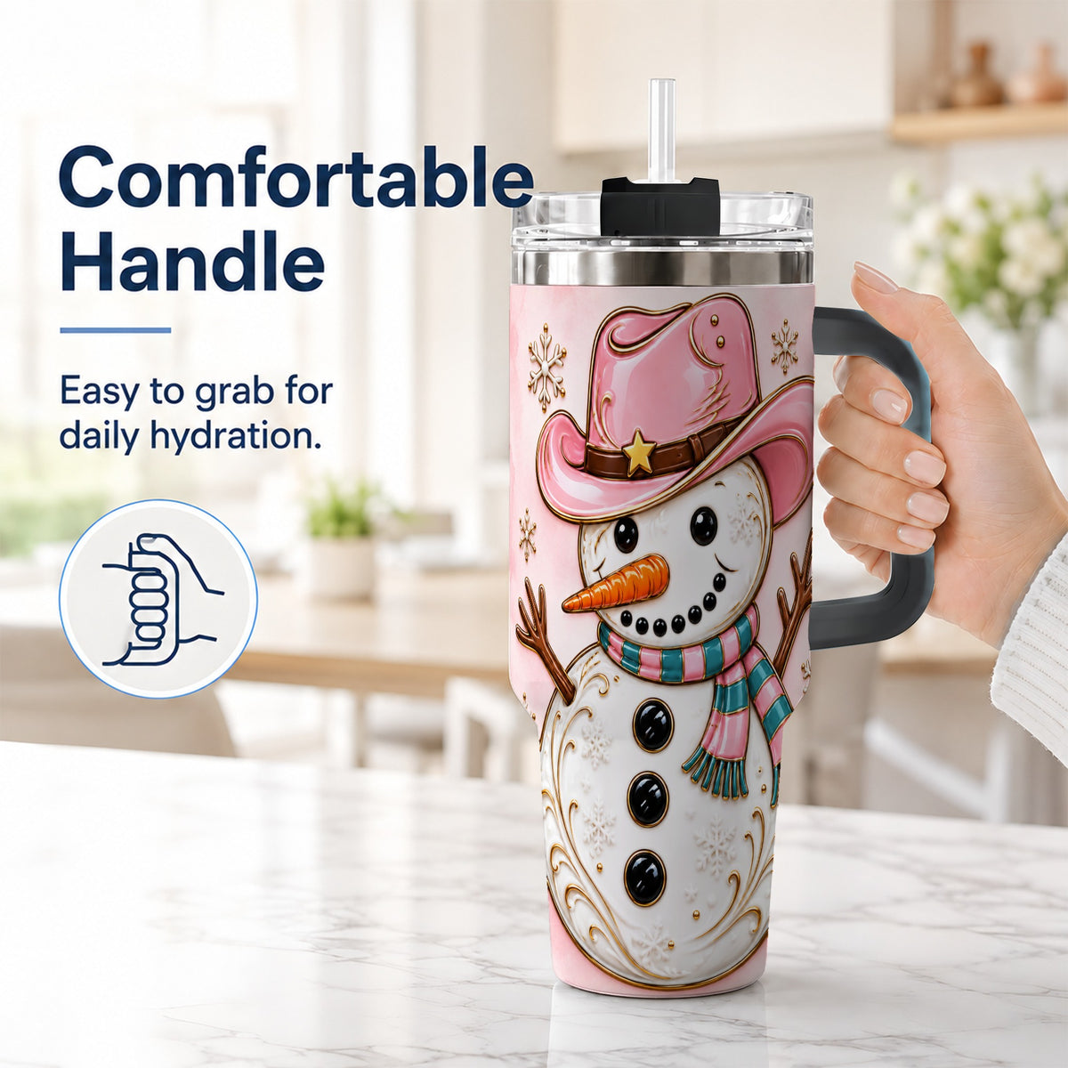 #pl[40oz|Black] Pink Cowgirl Snowman 40oz Tumbler, Western Stainless Steel Travel Cup