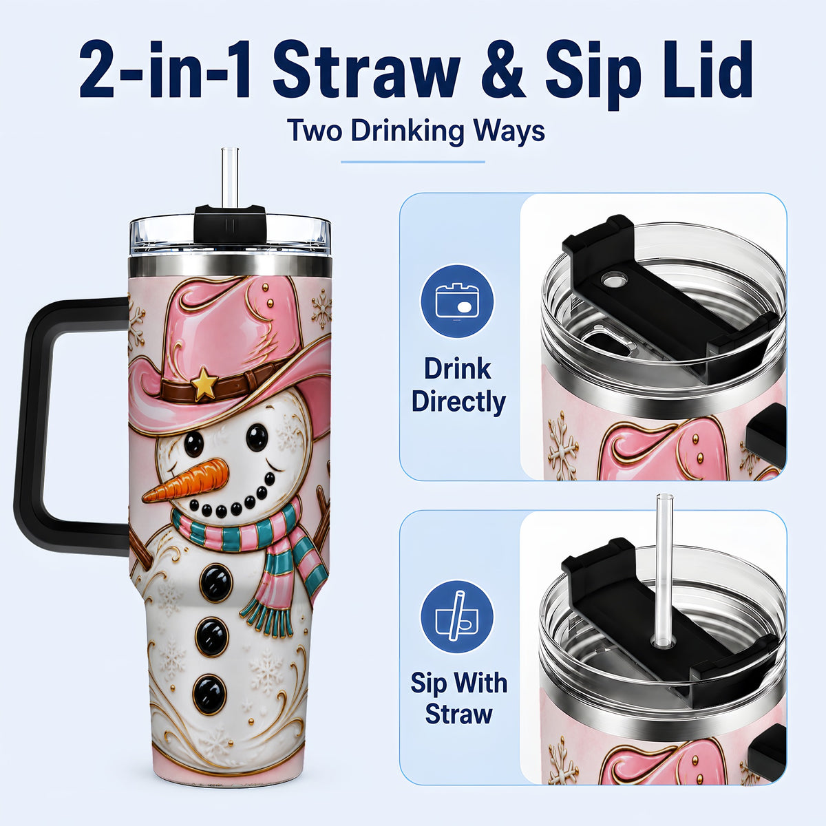 #pl[40oz|Black] Pink Cowgirl Snowman 40oz Tumbler, Western Stainless Steel Travel Cup