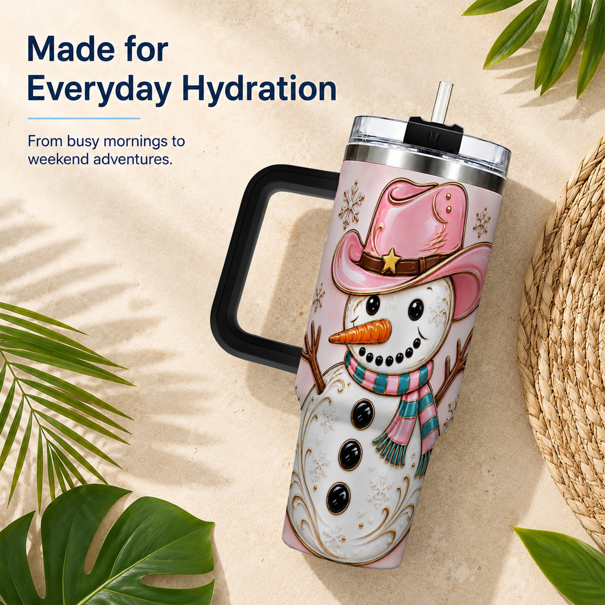 #pl[40oz|Black] Pink Cowgirl Snowman 40oz Tumbler, Western Stainless Steel Travel Cup
