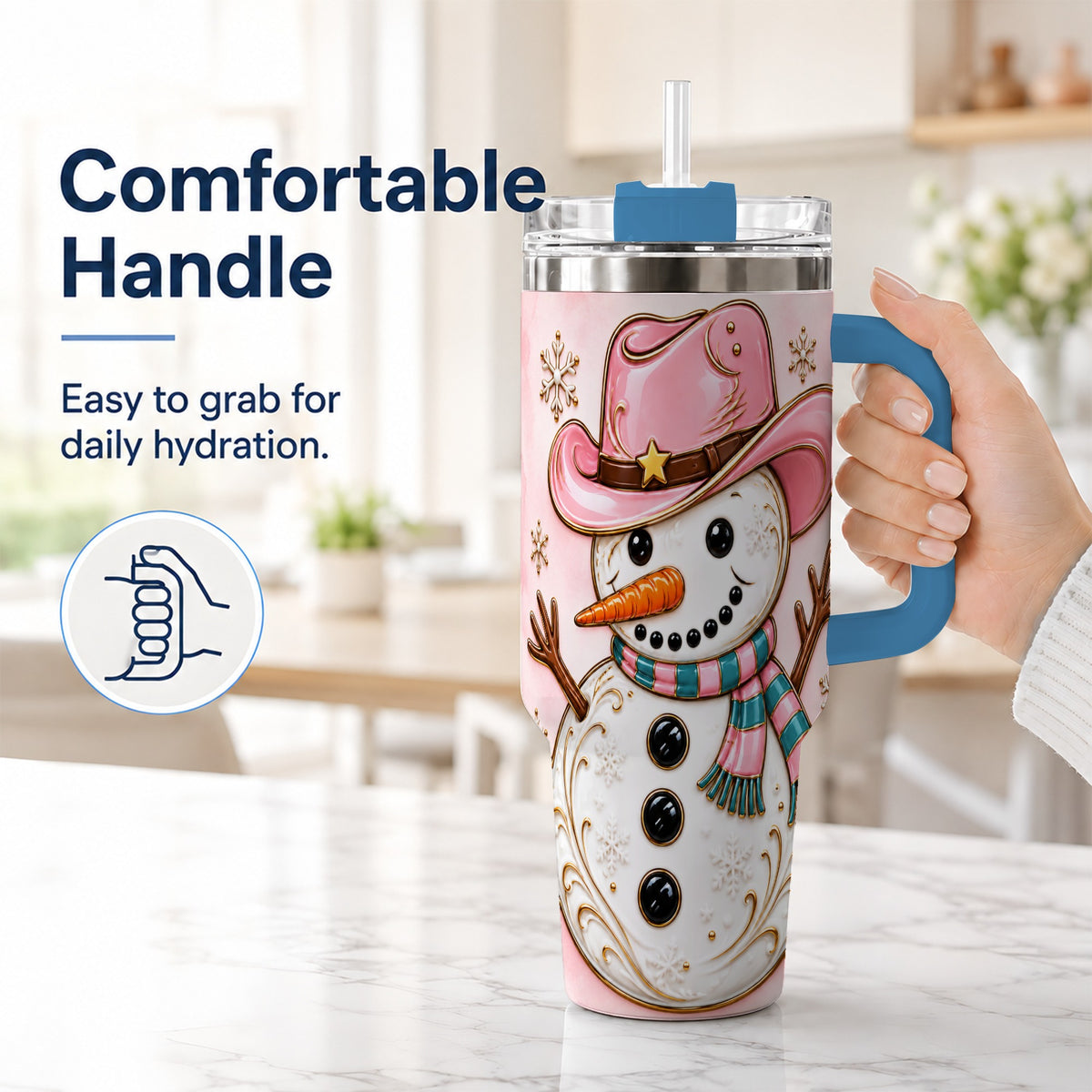 #pl[40oz|Blue] Pink Cowgirl Snowman 40oz Tumbler, Western Stainless Steel Travel Cup