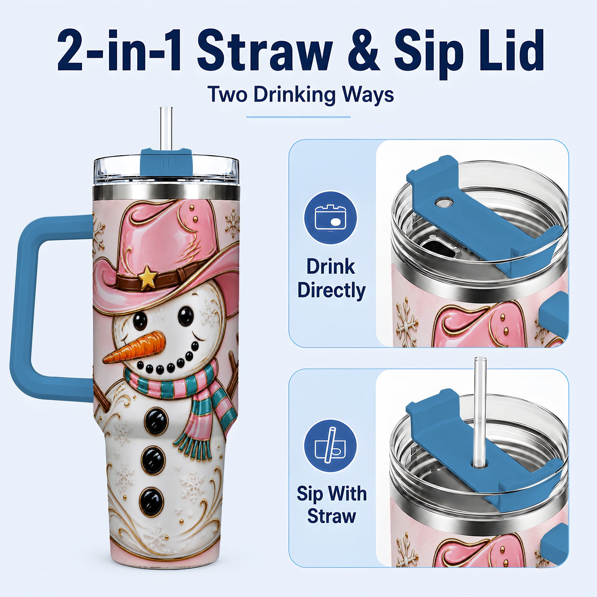 #pl[40oz|Blue] Pink Cowgirl Snowman 40oz Tumbler, Western Stainless Steel Travel Cup