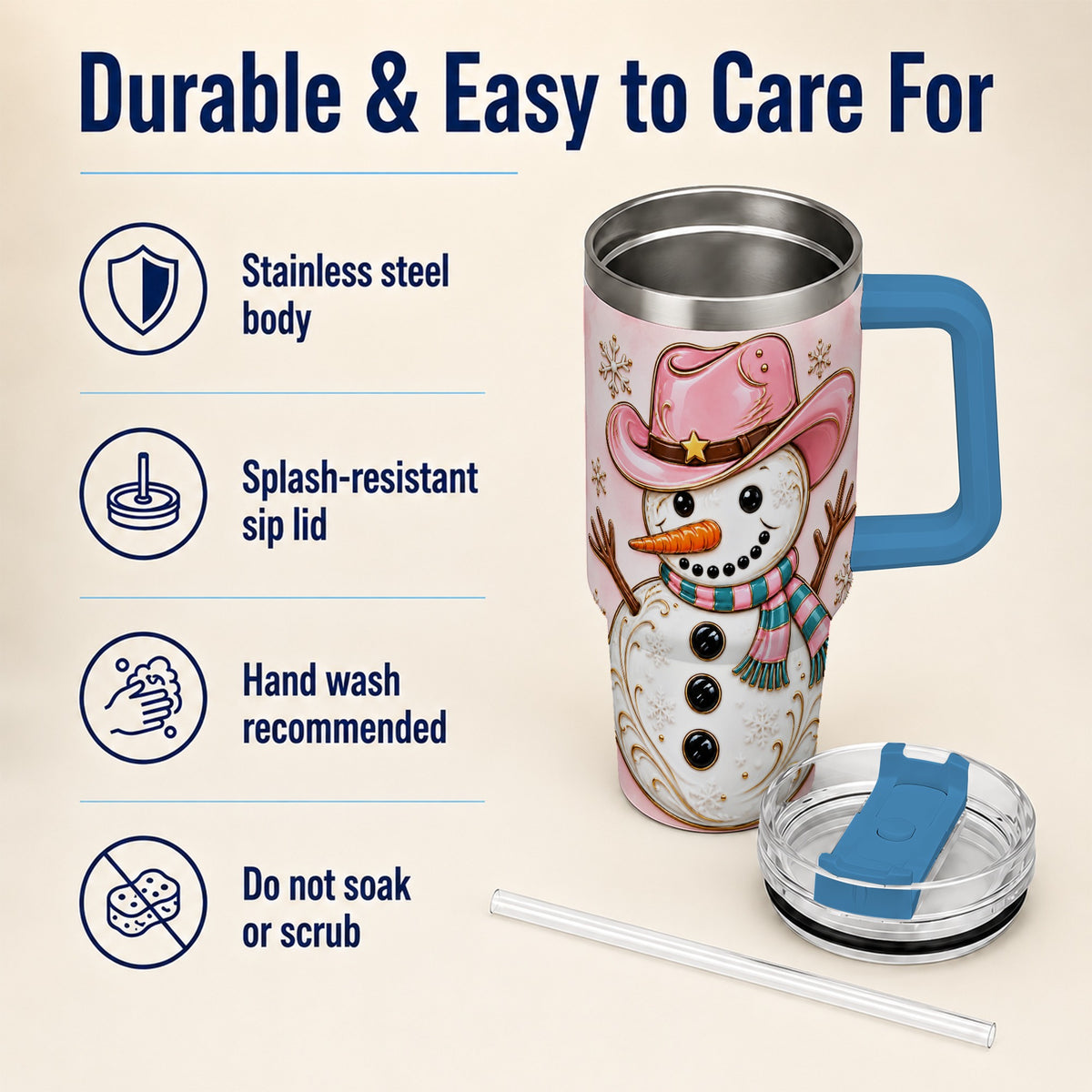 #pl[40oz|Blue] Pink Cowgirl Snowman 40oz Tumbler, Western Stainless Steel Travel Cup