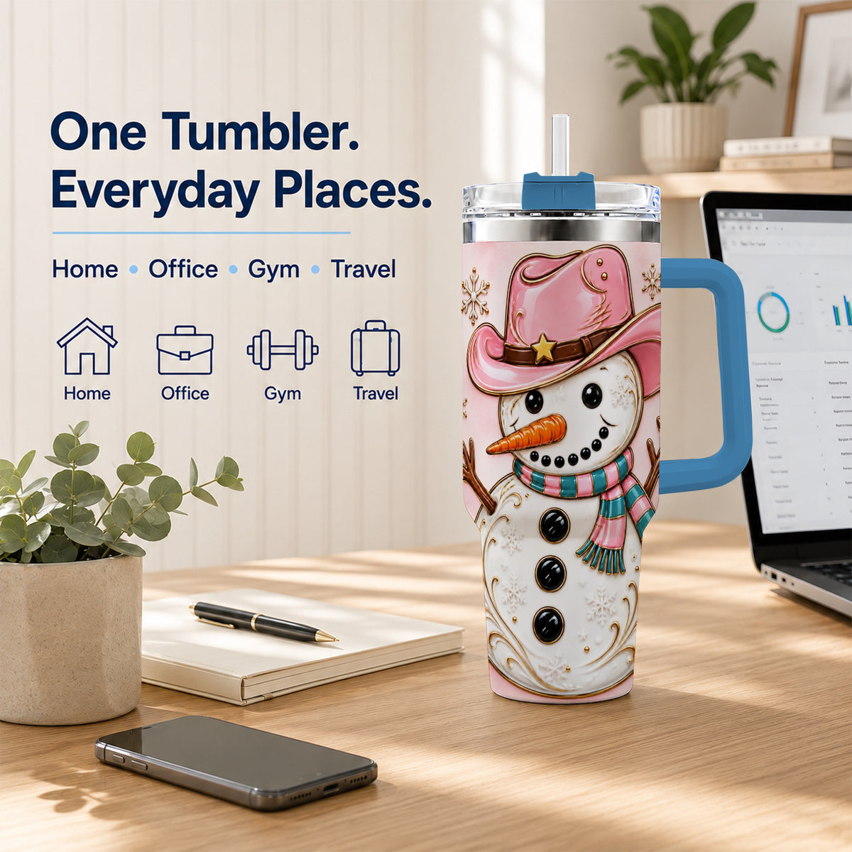 #pl[40oz|Blue] Pink Cowgirl Snowman 40oz Tumbler, Western Stainless Steel Travel Cup