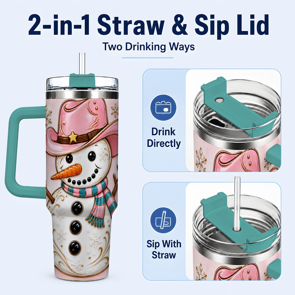 #pl[40oz|Green] Pink Cowgirl Snowman 40oz Tumbler, Western Stainless Steel Travel Cup