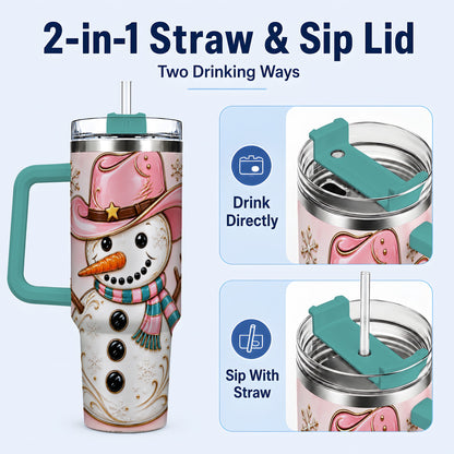 #pl[40oz|Green] Pink Cowgirl Snowman 40oz Tumbler, Western Stainless Steel Travel Cup