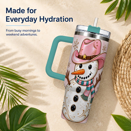 #pl[40oz|Green] Pink Cowgirl Snowman 40oz Tumbler, Western Stainless Steel Travel Cup