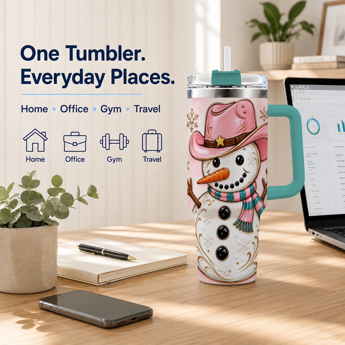 #pl[40oz|Green] Pink Cowgirl Snowman 40oz Tumbler, Western Stainless Steel Travel Cup