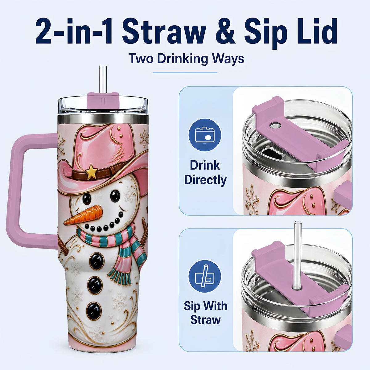 #pl[40oz|Pink] Pink Cowgirl Snowman 40oz Tumbler, Western Stainless Steel Travel Cup