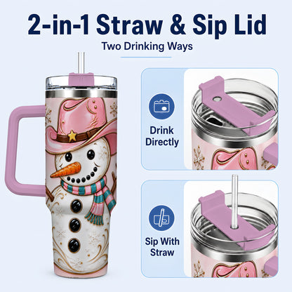 #pl[40oz|Pink] Pink Cowgirl Snowman 40oz Tumbler, Western Stainless Steel Travel Cup