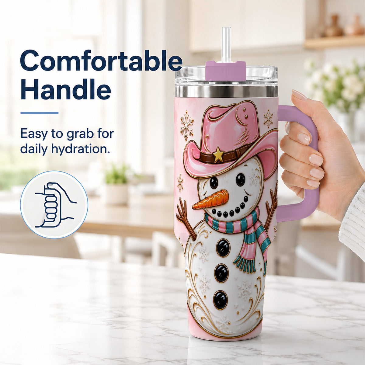 #pl[40oz|Pink] Pink Cowgirl Snowman 40oz Tumbler, Western Stainless Steel Travel Cup