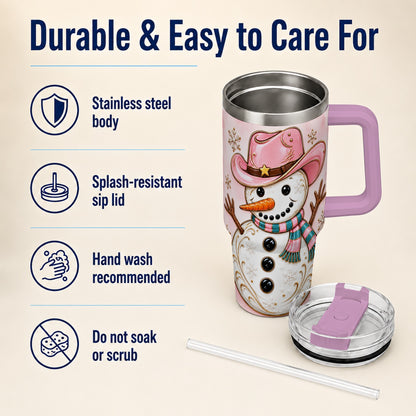 #pl[40oz|Pink] Pink Cowgirl Snowman 40oz Tumbler, Western Stainless Steel Travel Cup