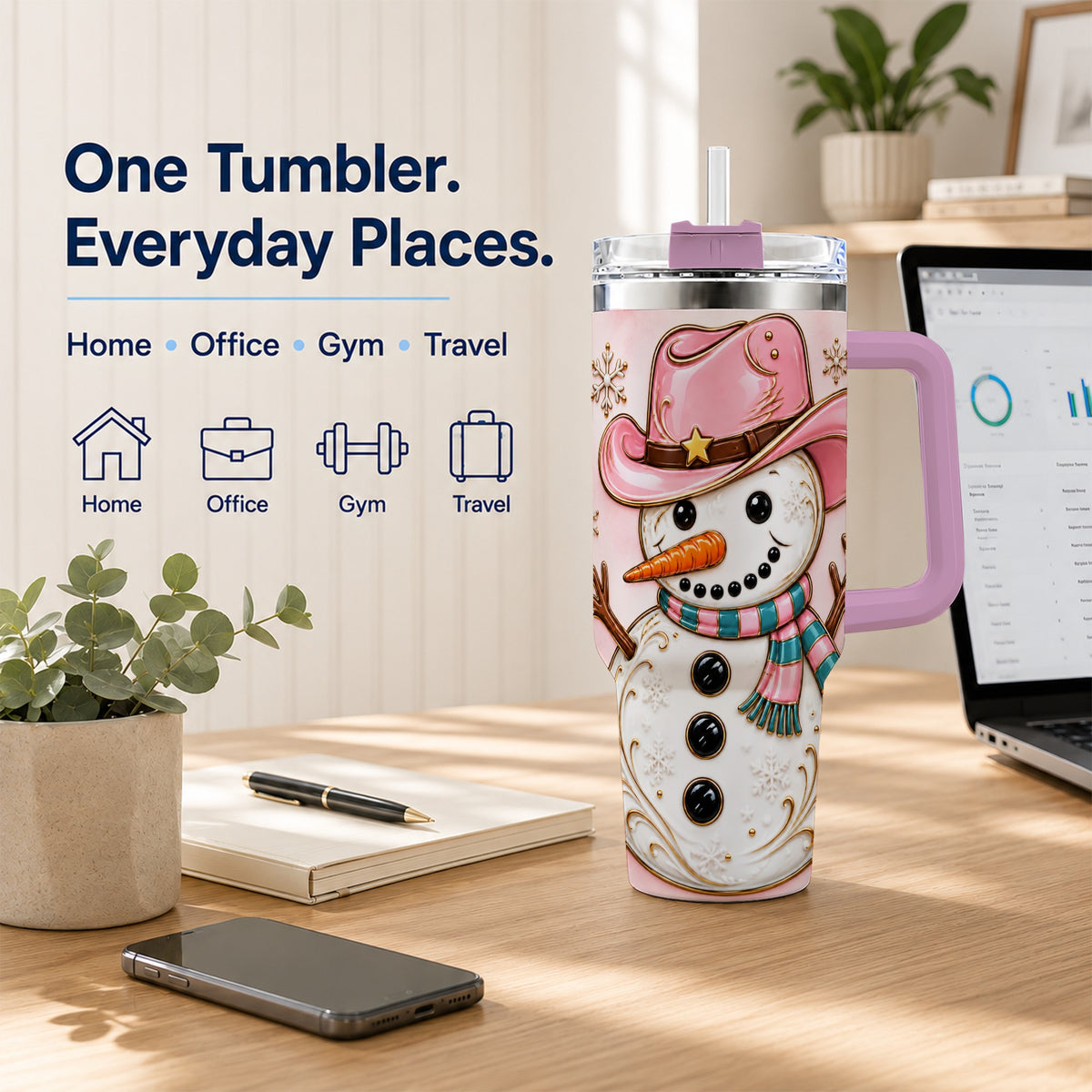 #pl[40oz|Pink] Pink Cowgirl Snowman 40oz Tumbler, Western Stainless Steel Travel Cup
