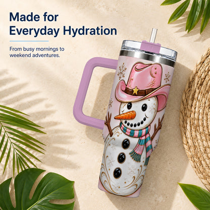 #pl[40oz|Pink] Pink Cowgirl Snowman 40oz Tumbler, Western Stainless Steel Travel Cup