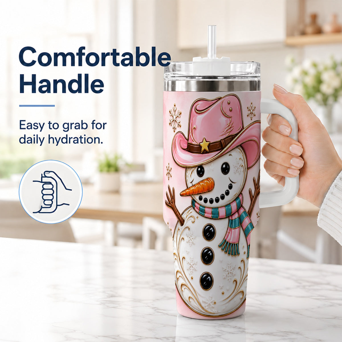 #pl[40oz|White] Pink Cowgirl Snowman 40oz Tumbler, Western Stainless Steel Travel Cup