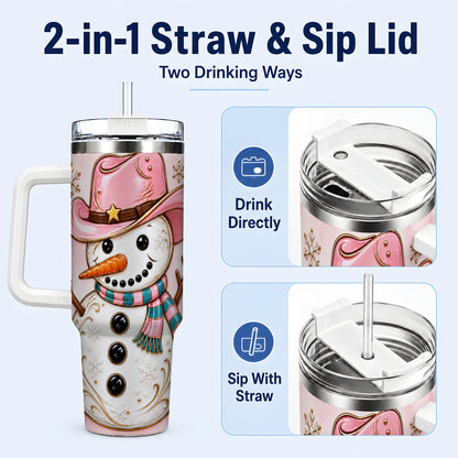 #pl[40oz|White] Pink Cowgirl Snowman 40oz Tumbler, Western Stainless Steel Travel Cup